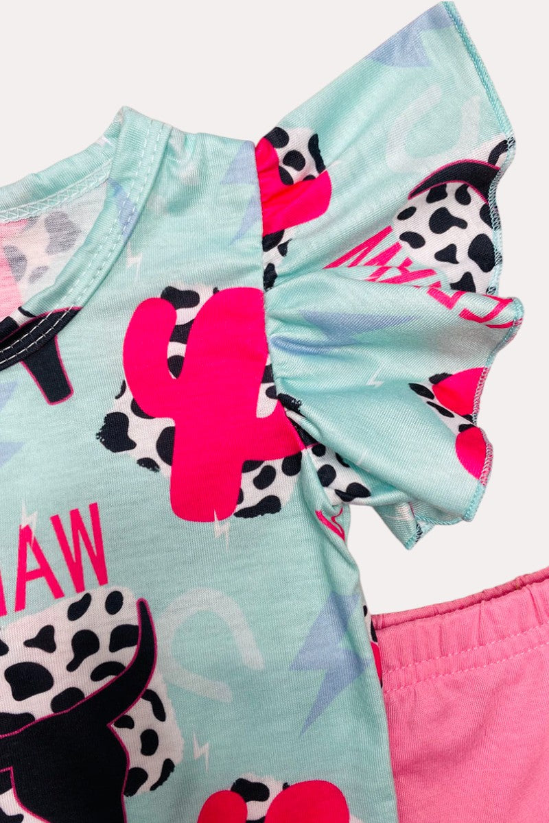 D2384 "YEEHAW" cactus & bull skull top pink pant 2pc girls set