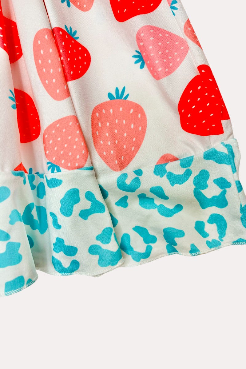D2431 Pink strawberry printed w/turquoise leopard trim girls dress