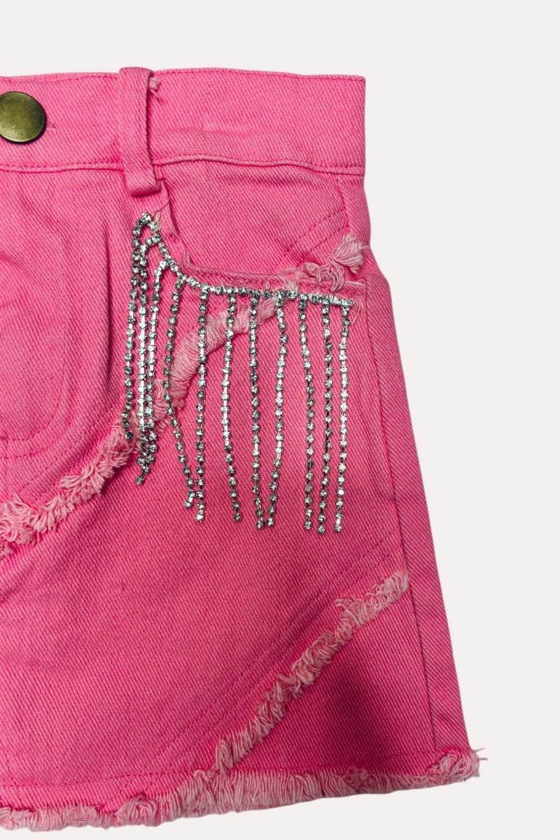 D2618 Solid pink denim girls skirt with rhinestone fringe