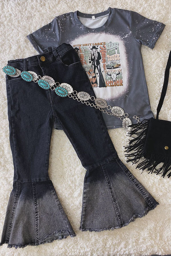 DLH2754 Black bell bottom girls jeans w/washed ruffle