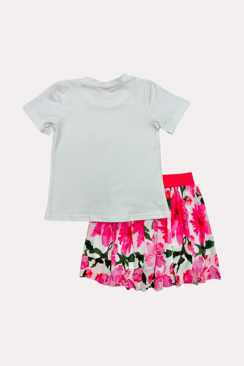 D2781 White short sleeve top & floral mesh skirt girls sets