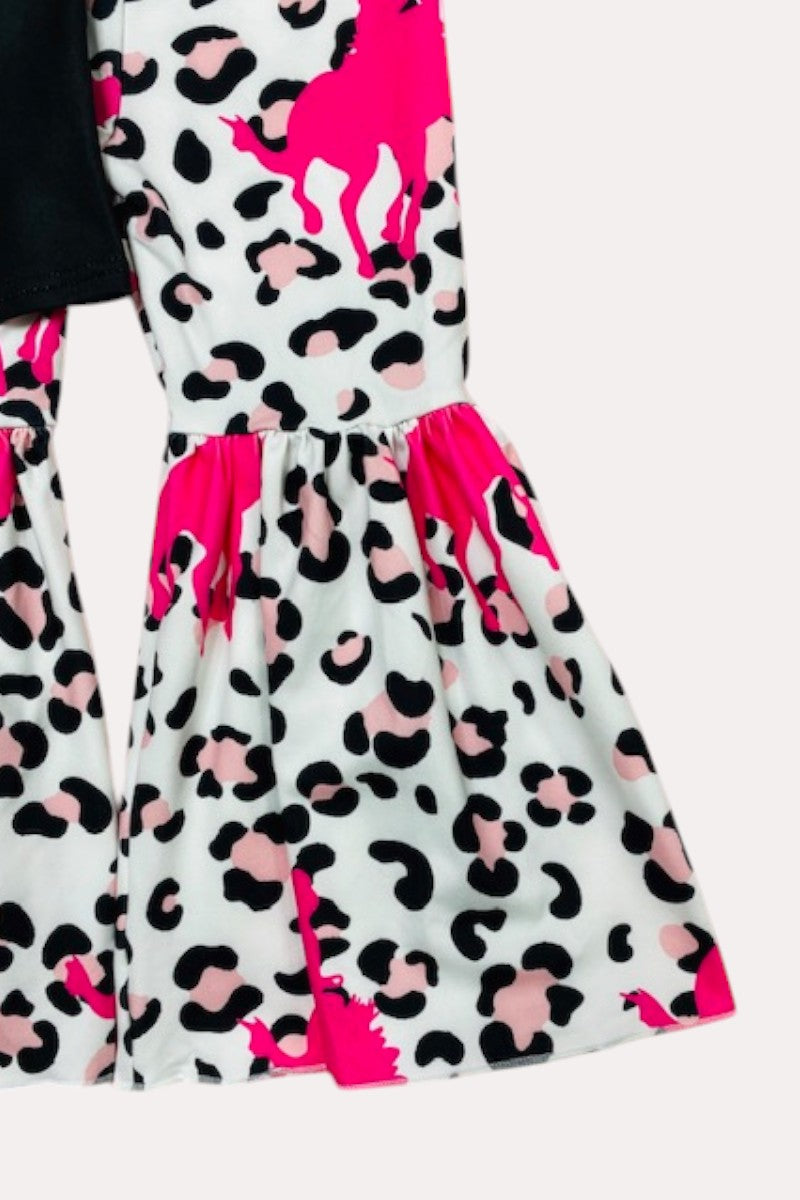 D2789 Riding horse prints black top leopard bell bottom 2pc girls sets