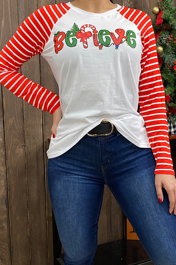 DLH9898 BELIEVE Candy cane Christmas t-shirt