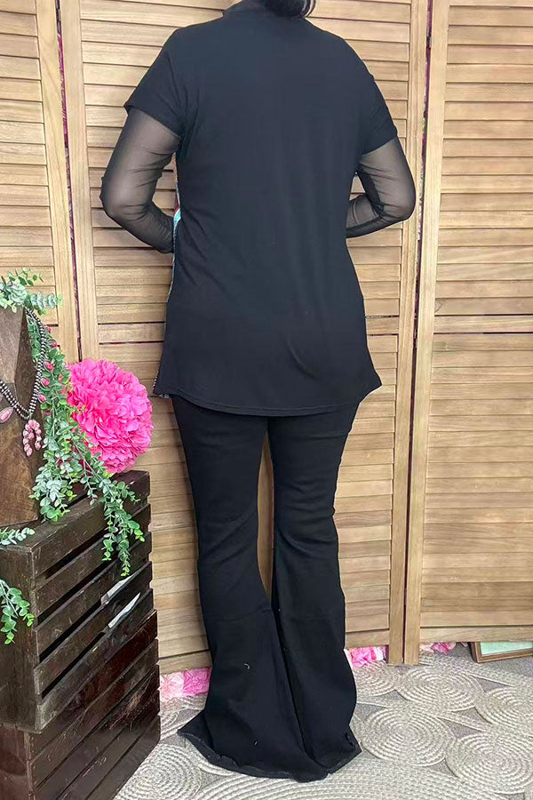 Black & Sequin & Paid color block short sleeve women top FW10214
