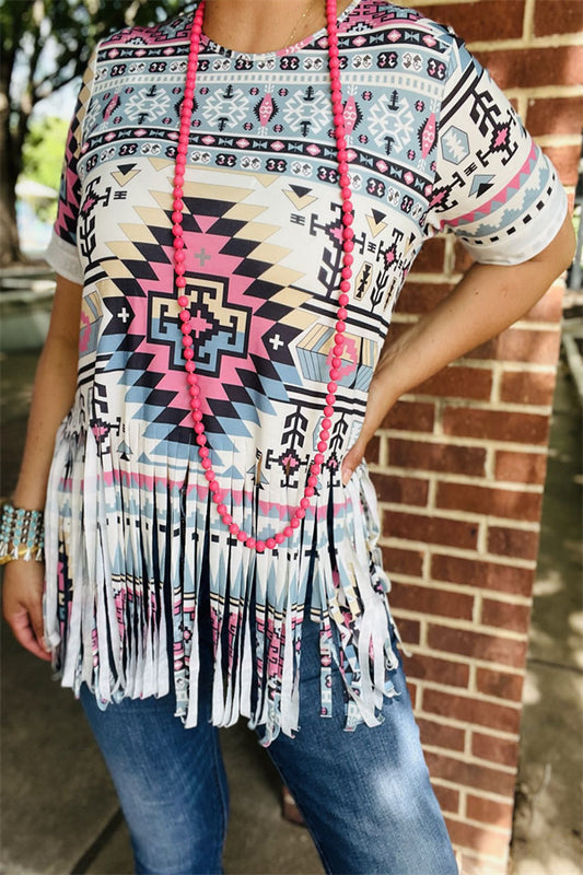 GJQ14187 Aztec multi color printed/long tassels trim for short sleeves women top
