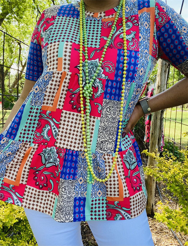 GJQ14911 Paisley prints color blocked short sleeve baby doll women blouse