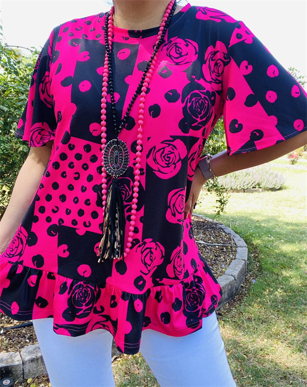 GJQ15123 Leopard & Rose printed neon pink&black short sleeve women tops