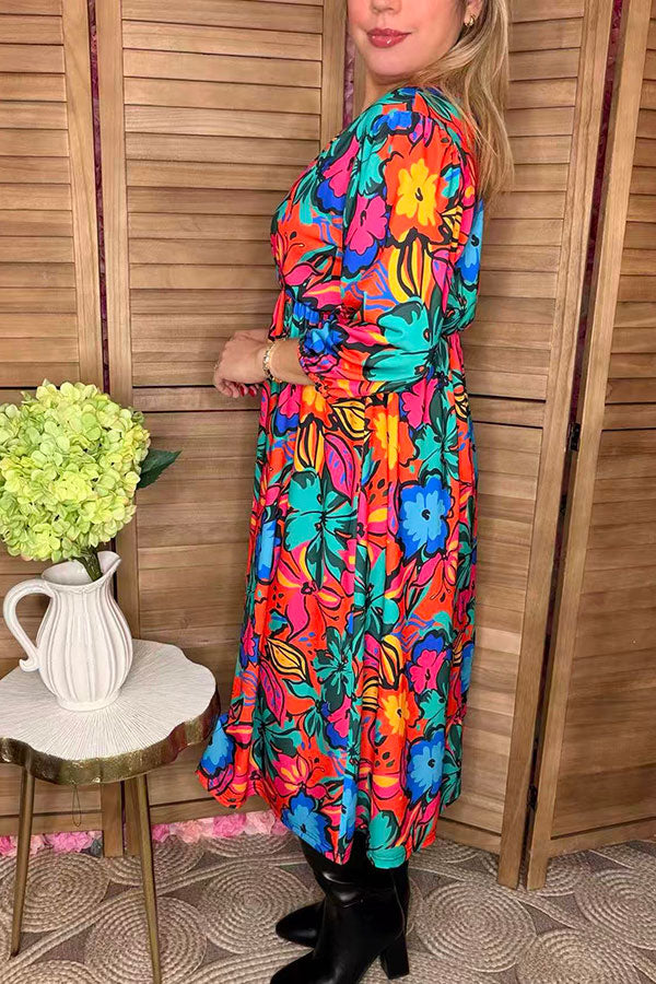 Orange & Blue & Fuchsia flower printed 3/4 sleeves women dress GJQ1628 Lulu Clothes Orange & Blue & Fuchsia flower printed 3/4 sleeves women dress GJQ1628 Lulu Clothes