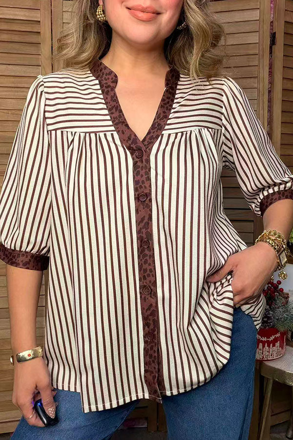 Western brown stripe & leopard short sleeve women's boutique blouse Southern Stitch GJQ17394
