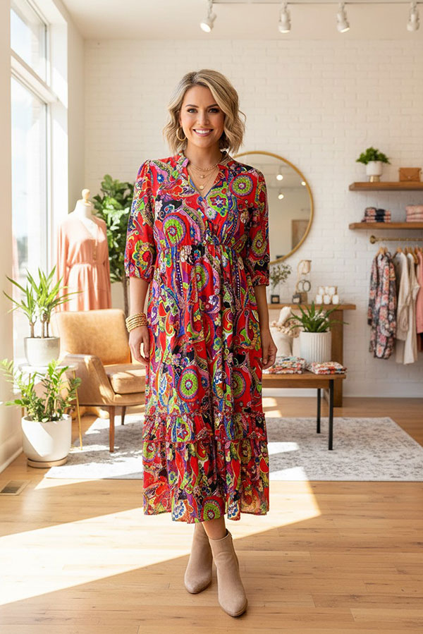 Western floral patterns print short sleeve maxi women's boutique dress Southern Stitch GJQ17459