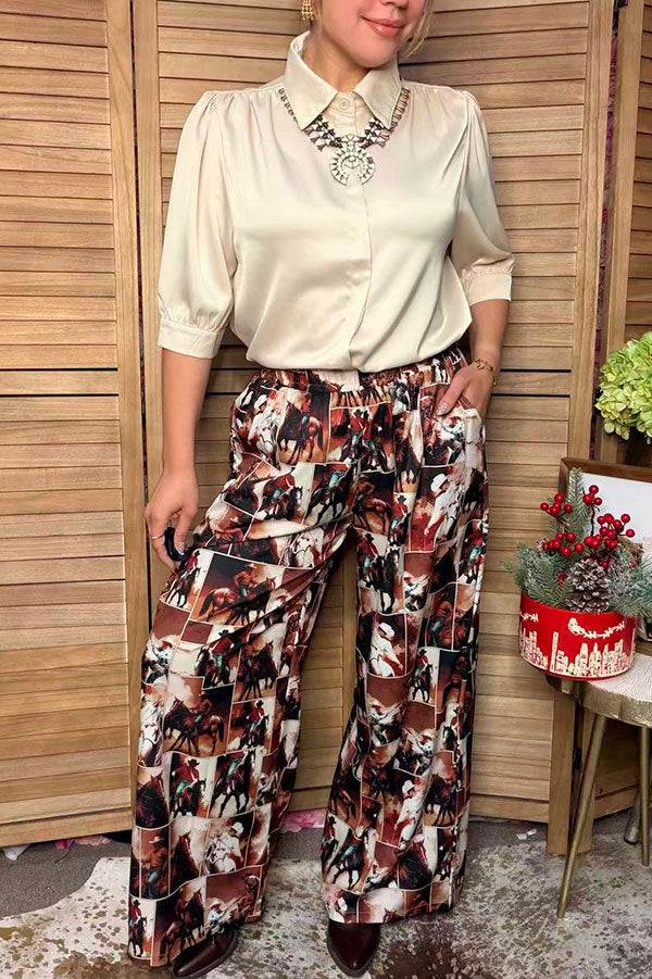 Western vintage cowboy patchwork print wide leg women's pant Southern Stitch GJQ17629