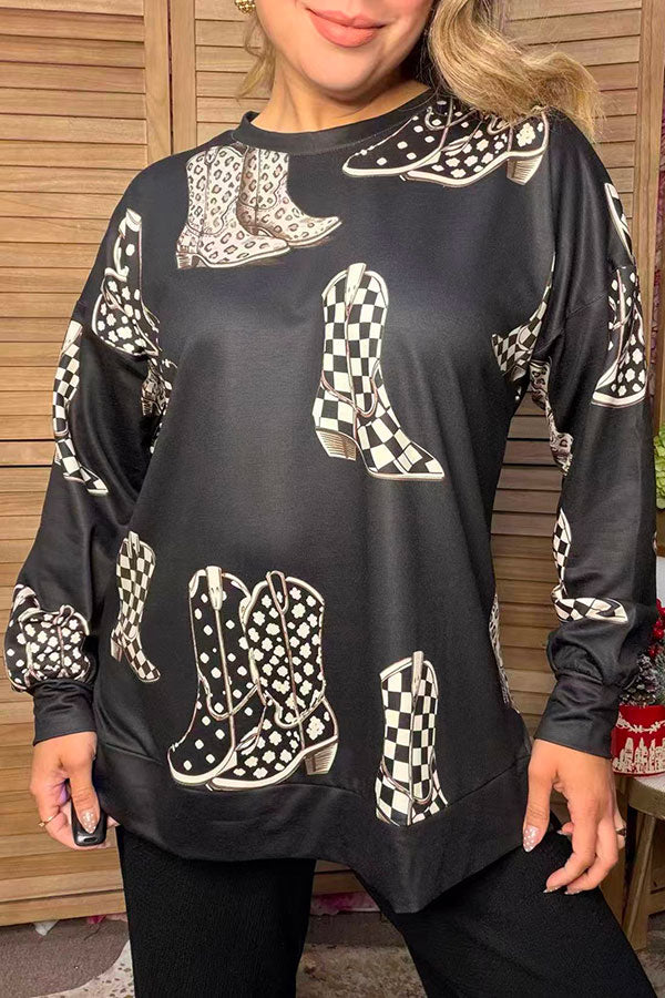 Western leopard & checkered boots print long sleeve women's boutique top GJQ17713