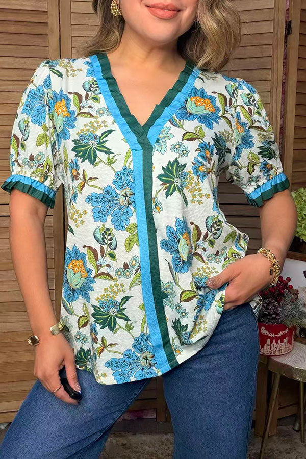 Southwestern textured floral print ruffle short sleeve women's boutique top GJQ17752
