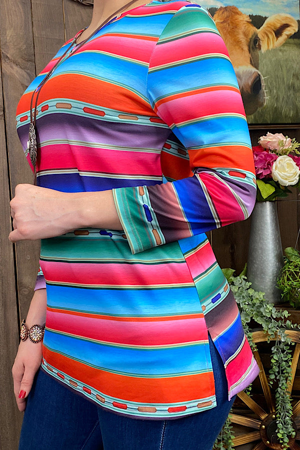 GJQ7991 Multi-color serape 3/4 sleeve top w/keyhole neckline