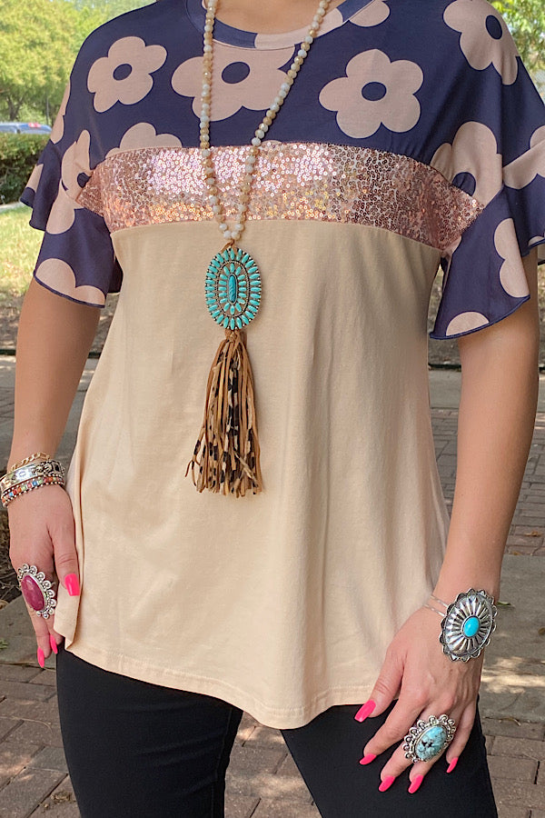 Floral & sequin & tan color block ruffle short sleeve women top XCH13894