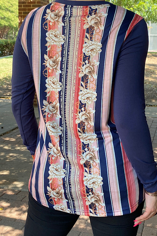 XCH10281 Rose/multi color striped long sleeve top