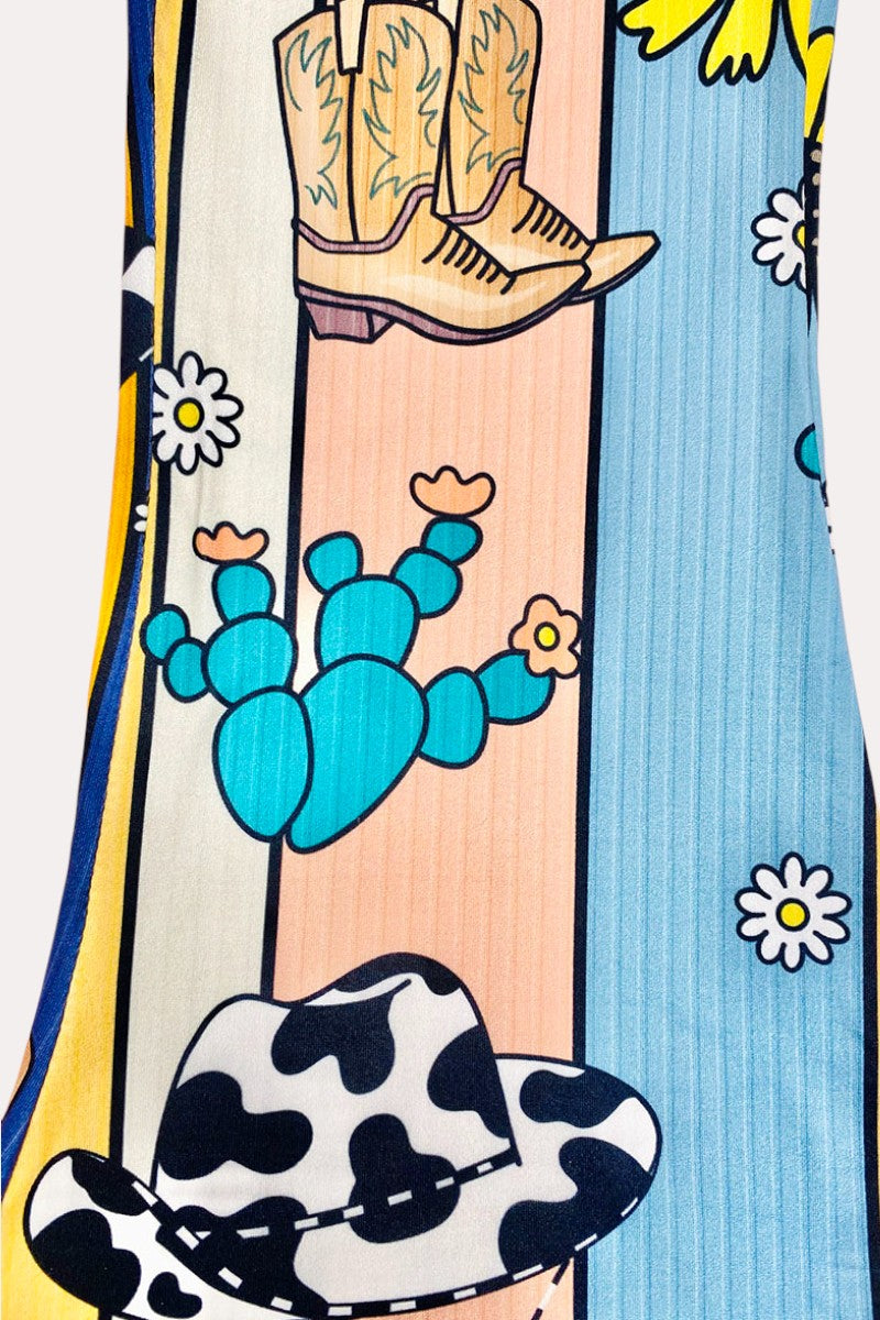 LC0020 Cow print top w/stripped sunflowers, boots, & cactus 2pc set