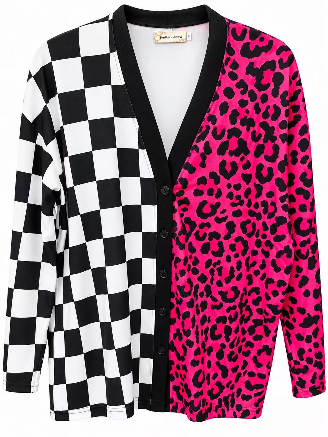 Western pink leopard & checkered long sleeve women's boutique cardigan Southern Stitch XCH17465