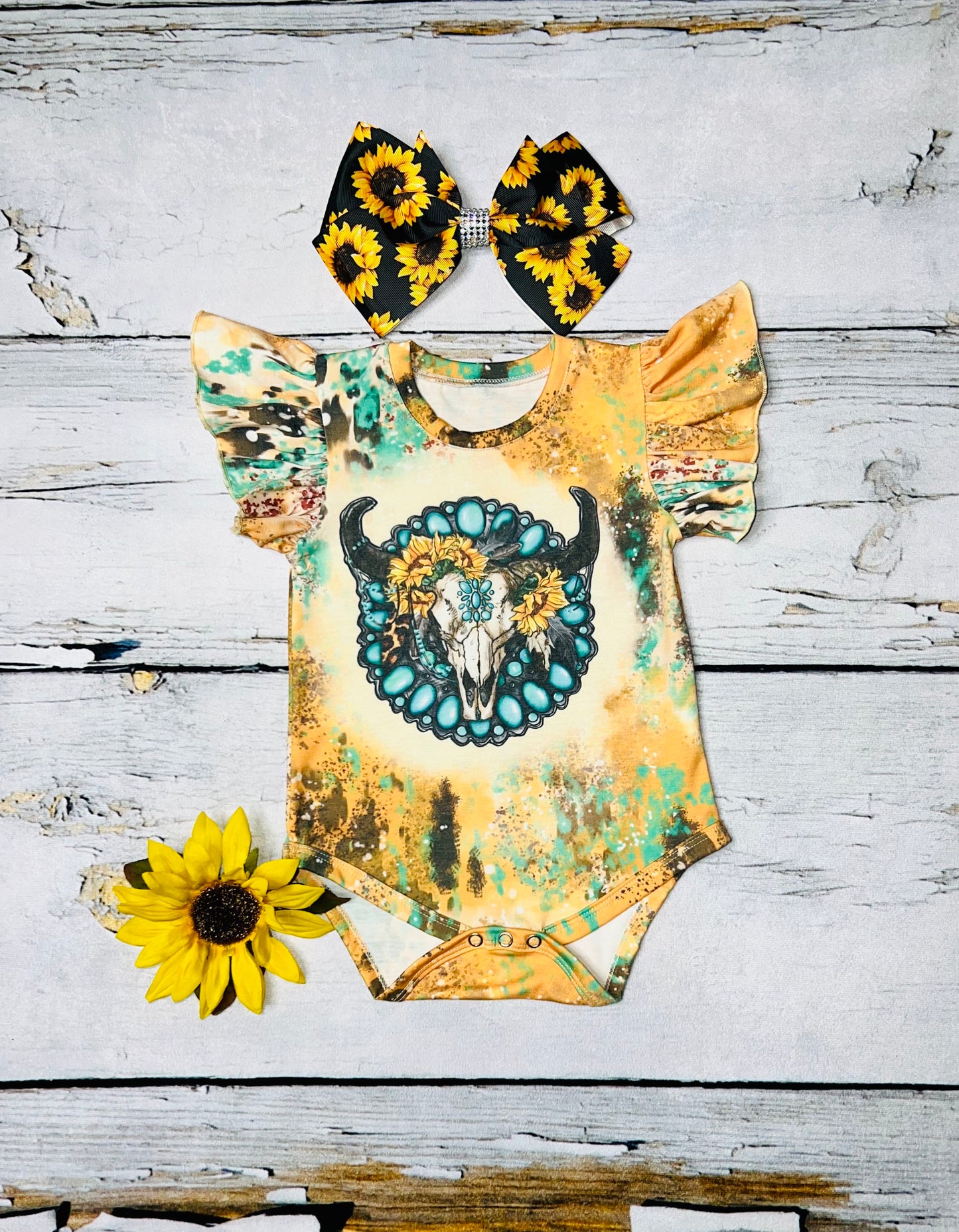 Yellow bleached bull skull w/jewels & sunflowers baby onesie DLH1230-04
