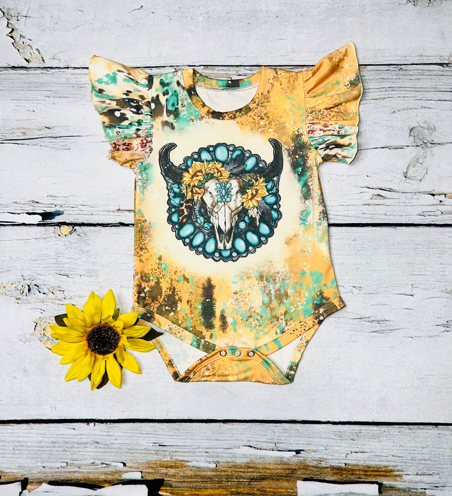 Yellow bleached bull skull w/jewels & sunflowers baby onesie DLH1230-04