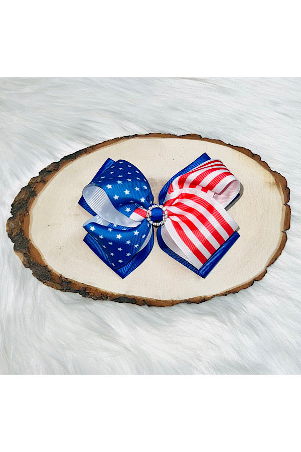 USA flag print 7" hairbow w/rhinestones (4pcs for $10.00)