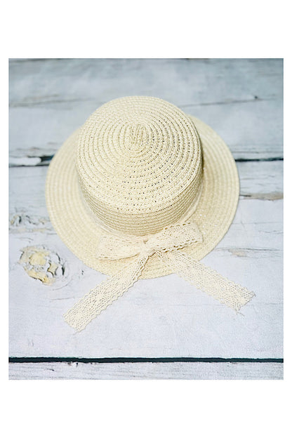 Cream color summer hat w/lace ribbon belt