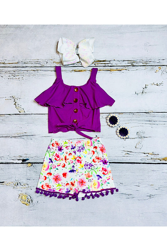 Purple top & floral pompom shorts 2pc set DLH2353