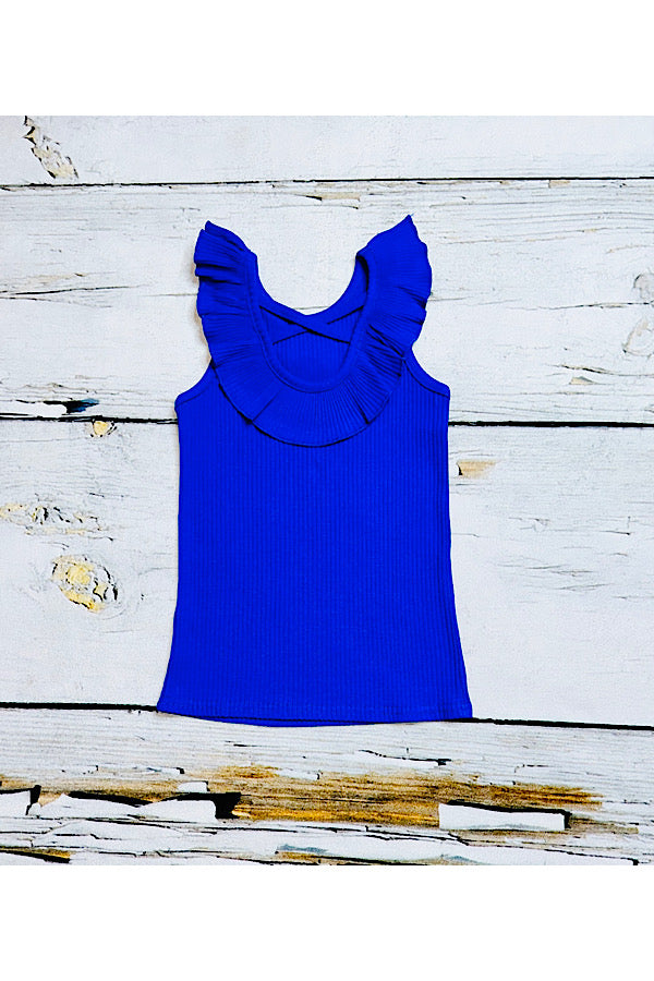Royal blue ruffle neck w/crisscross back sleeveless top DLH2449 A7S9