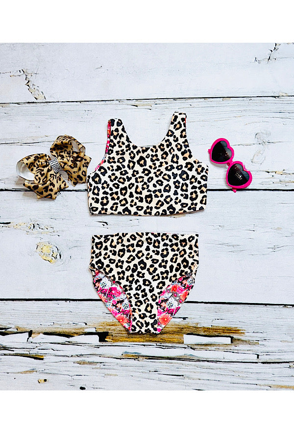 Leopard, cow, & floral print reversible 2pc swimsuit