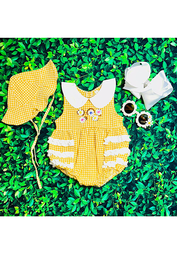 Mustard checker print w/embroidered flowers baby romper & hat DLH2351