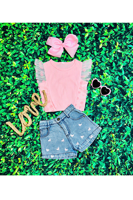 Pink top w/embroidered hearts denim shorts 2pcs set 230128M