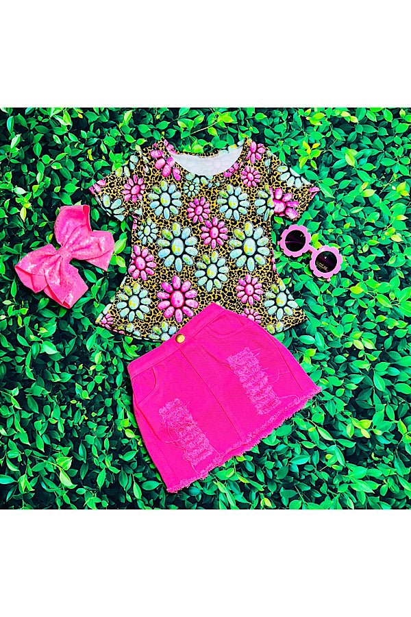 Cheetah & jewels top w/pink denim skirt 2pc set DLH2494