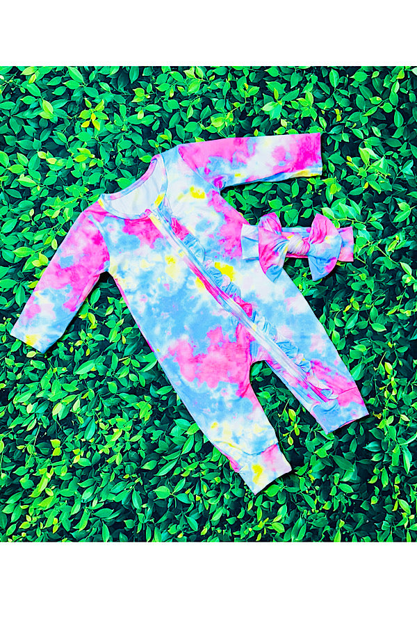 LC0011 Multicolor tie dye baby long sleeve romper w/matching headband