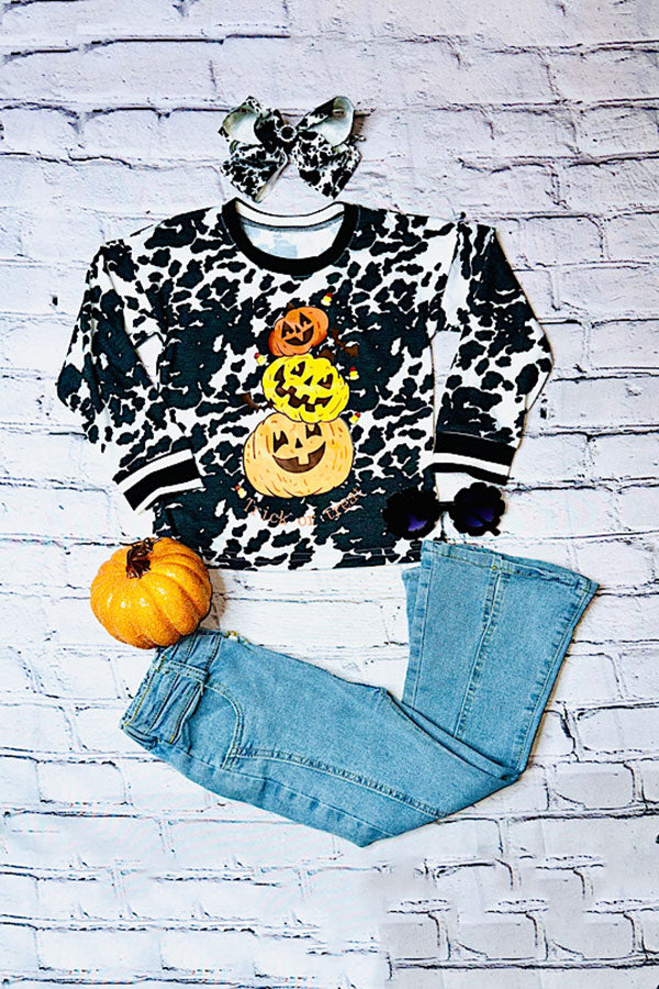 Western cow printHalloween long sleeve girls boutique top DLH0821-5