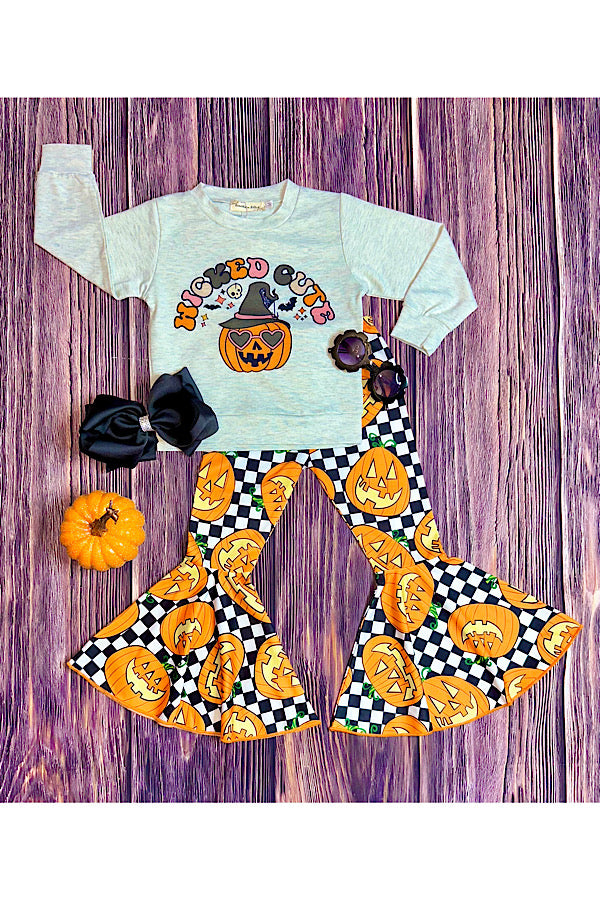 "WICKED CUTE" checkers & pumpkins sweatshirt 2pc set XCH0010-9H