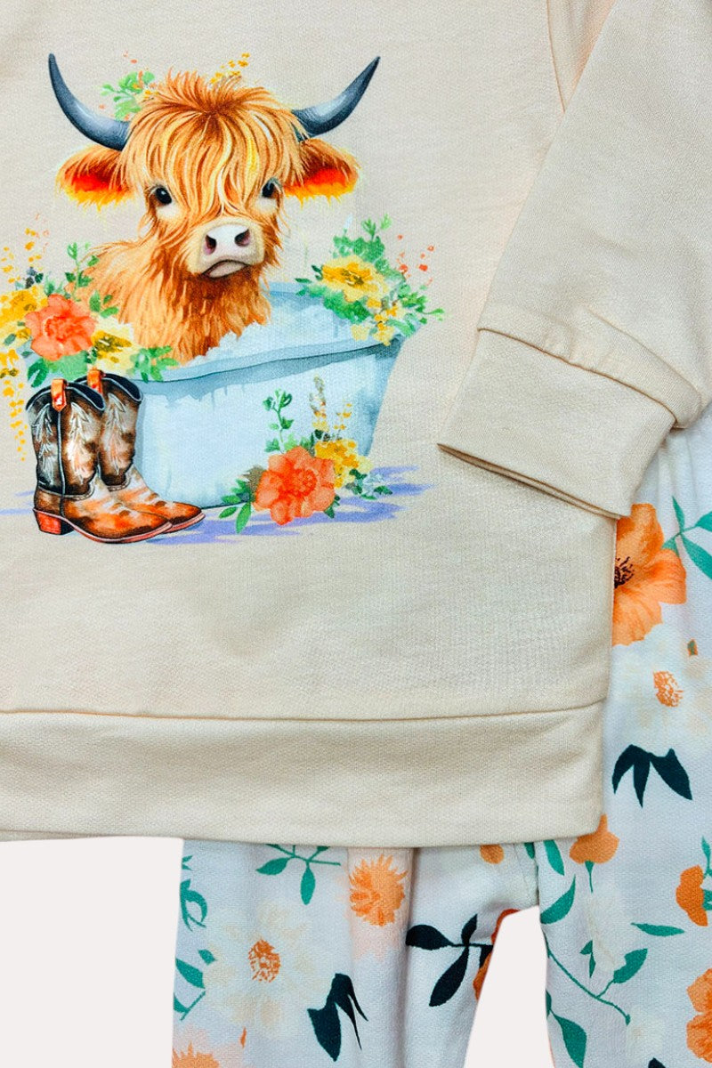 X0015-11 Cow print pullover sweatshirt & floral pant girls sets