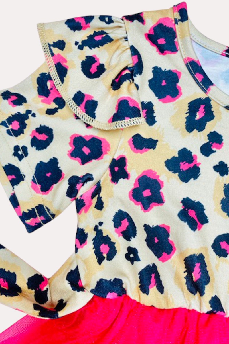 X0017-17 Leopard & hot pink chiffon swirl girls dress with belt
