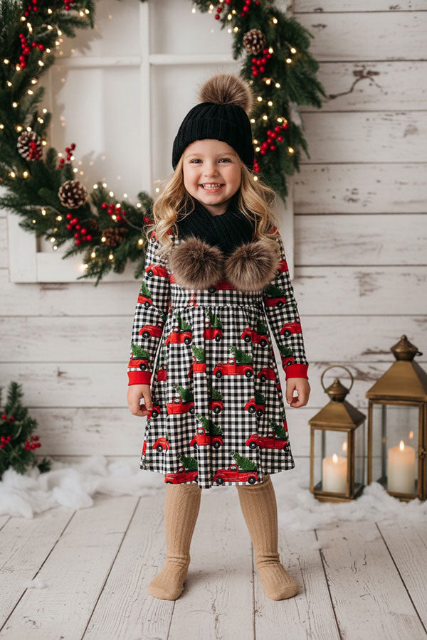 Christmas Red truck & tree & plaid long sleeve girls boutique dress XCH0017-8H