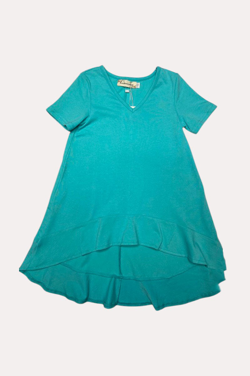 X0020-5 High-low style aqua short sleeve girls dress