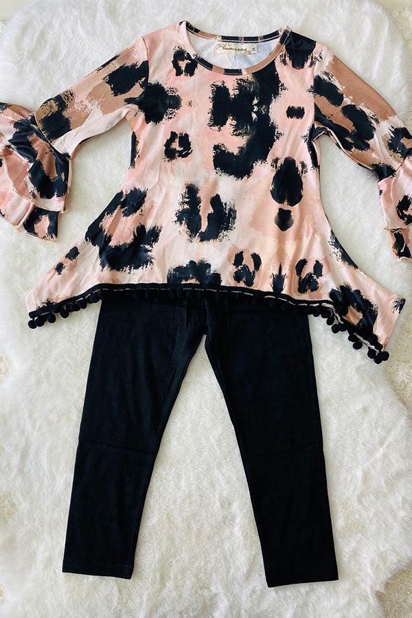 Western leopard top with pompoms black legging girls boutique set XCH0024-11H