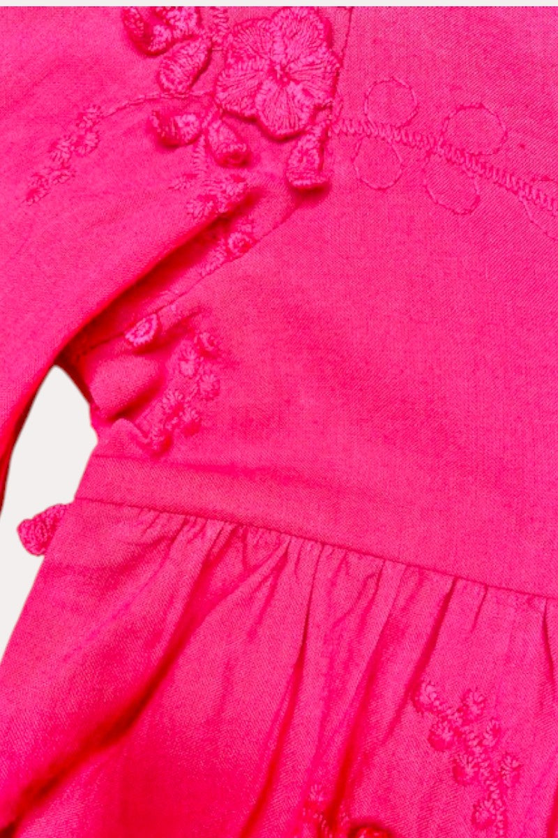 X03001 Hot pink floral embroidery long sleeve girls dress