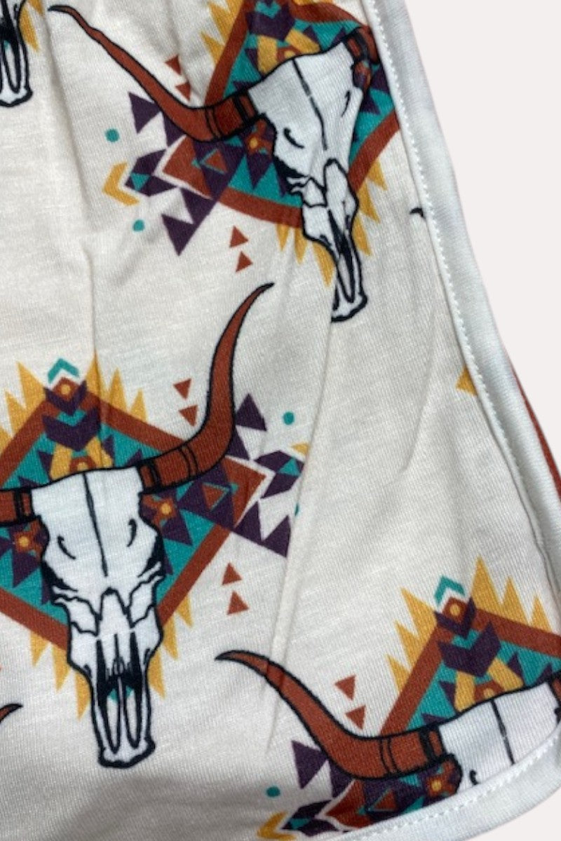 X0333-8 Bull prints blue top & Aztec trim shorts 2pc girls outfit sets