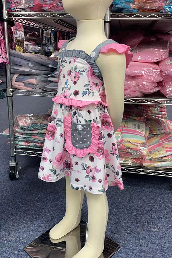 XCH0555-13H Floral printed & grey dot sleeveless summer girls dress