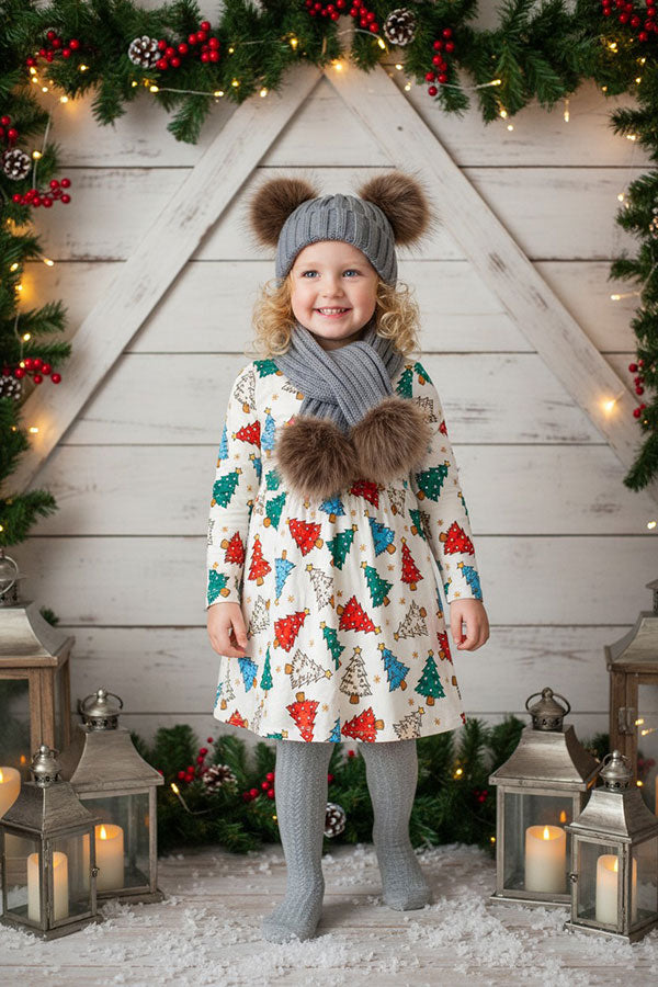 Christmas tree pring long sleeve girls boutique dress XCH0555-25H