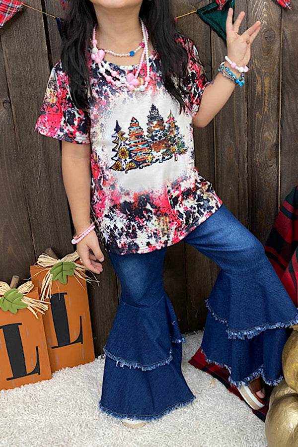 XCH0722-23H PINK Christmas tree printed short sleeve girl t-shirt