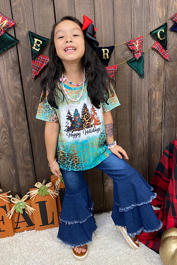 XCH0722-9H Turquoise Happy holidays tree printed short sleeve girl t-shirt