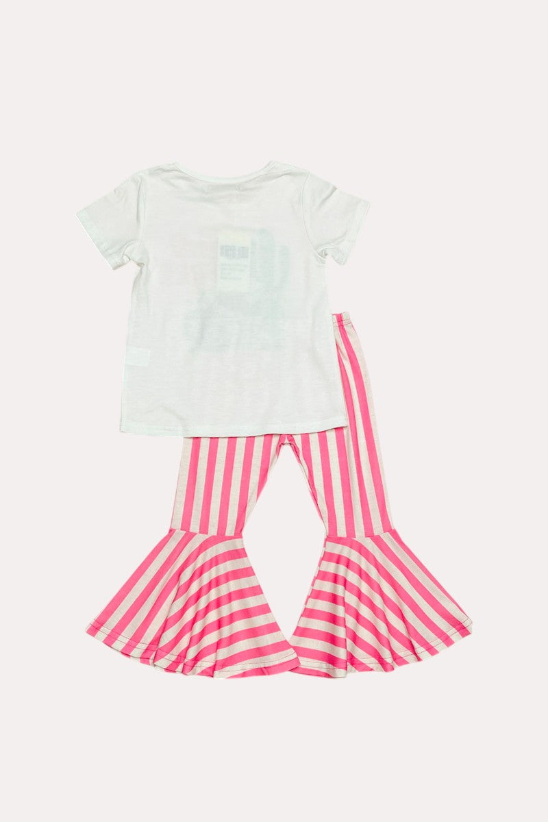 X0777-1 "WILD AND FREE" pink & white stripped 2pc girls set