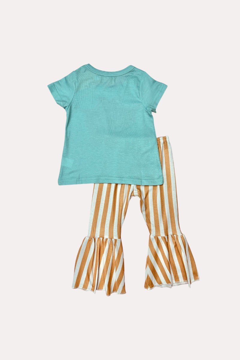 X0777-30 Aqua bull top w/stripped bell bottoms 2pc girls sets