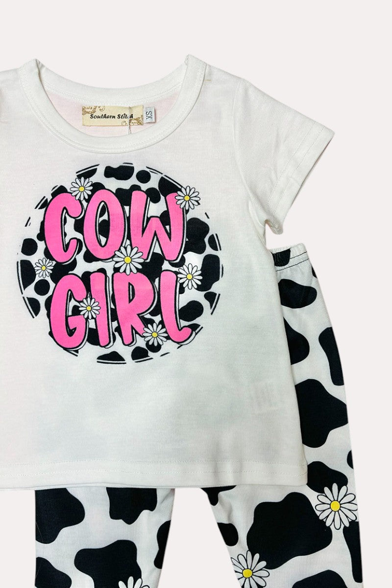 XCH0777-33 "COW/GIRL" daisies & cow print 2pc girls sets