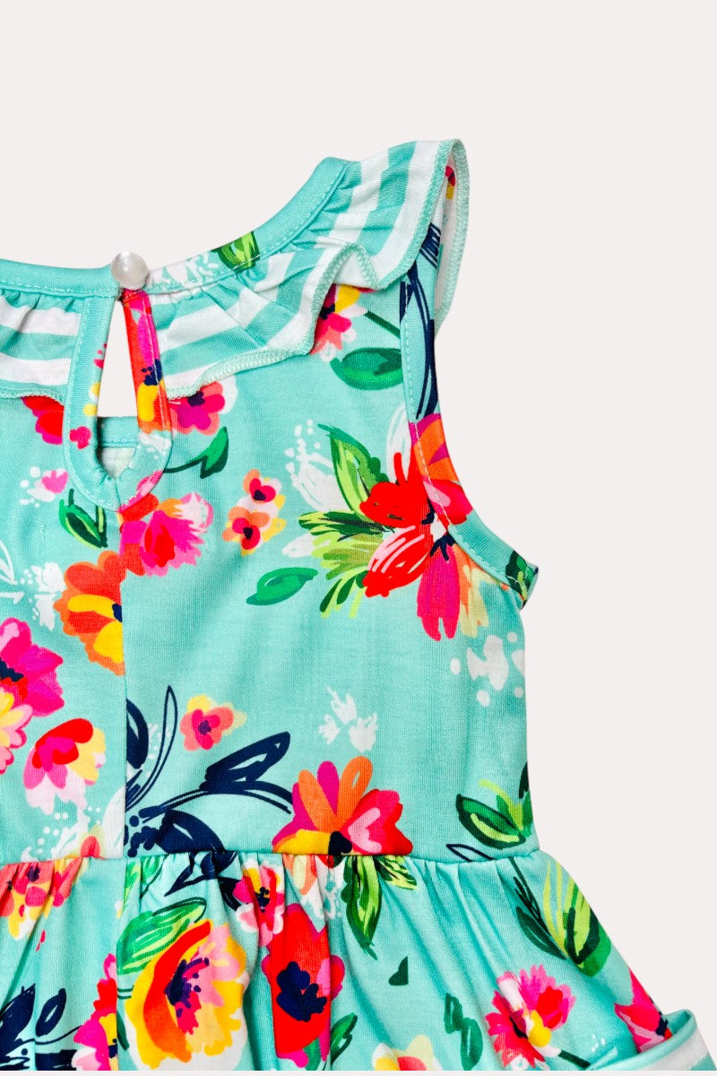 X0888-14 Green multicolor floral print w/stripped pockets girls dress